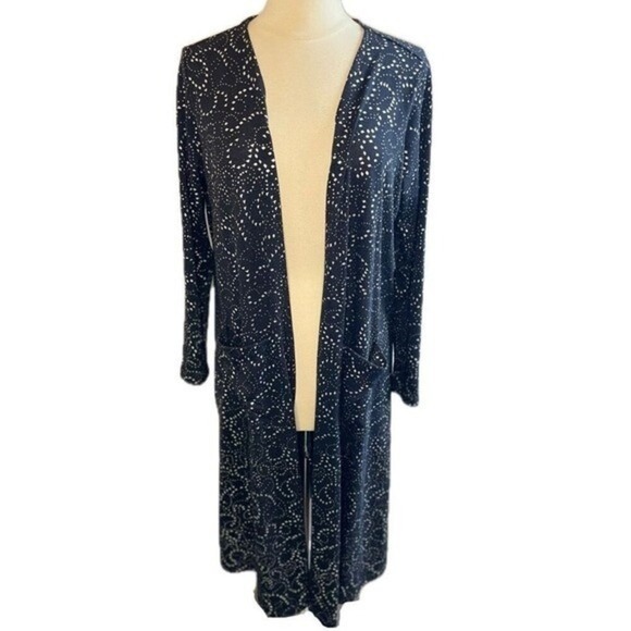 LULA ROE Elegant Sarah Black & Silver Metallic Longline Duster Cardigan, Large - Picture 1 of 8